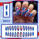 4th of July Press on Nails Medium Almond Patriotic American Flag Fake Nails with Star Design, Independence Day Glue on Nails for Women 24 Pcs