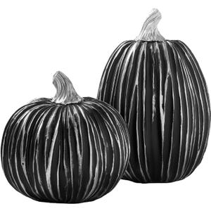 DN DECONATION Pumpkin Decorations for Fall and Halloween Indoor Home Decor, Black and Silver Faux PumpkinsFall Halloween Table Centerpiece, 2-Pack Resin Pumpkin for Thanksgiving Modern Farmhouse (Set of 2)