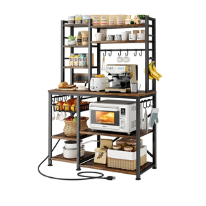 Baker Rack with Power Outlet - Microwave Stand with Storage, Large Coffee Bar Station with 14 Hooks, Metal Kitchen Shelf Rack for Spices, Pots (Rustic Brown)