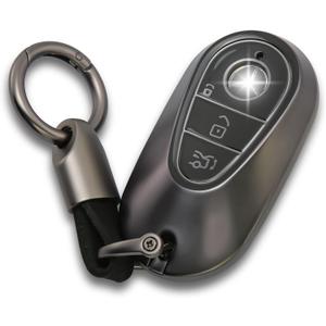 for Mercedes Benz Key fob Cover with Metal Keychain Case Key Shell Protector Compatible with 2020-2024 S-Class G-Class E-Class EQE EQS Accessories Grey
