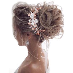 Unicra Flower Bride Wedding Hair Vine Pearl Bridal Hair Piece Leaf Hair Accessories Rhinestone Headband for Women and Girls (Rose Gold)