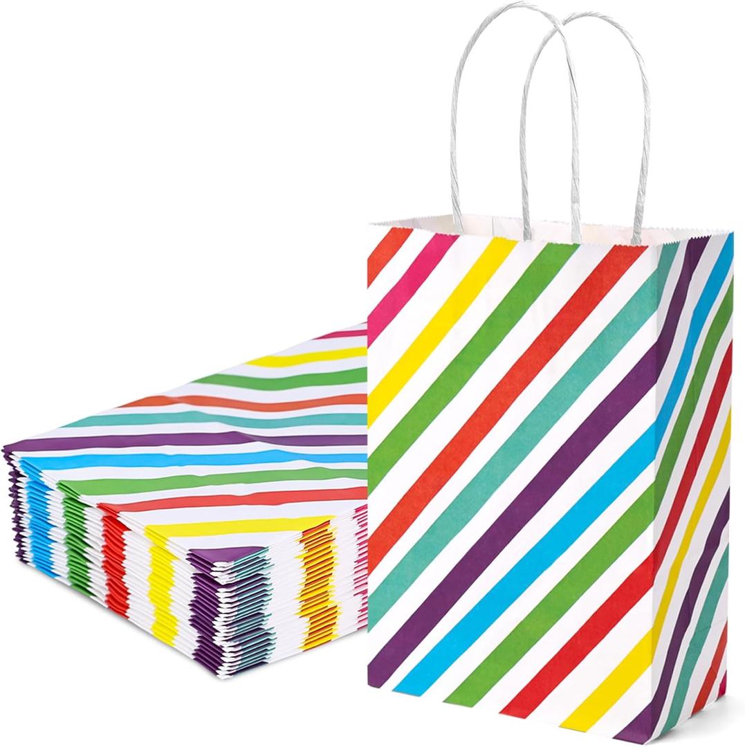 VGOODALL 24 Pack Gift Bags, 5.5x2.8x8 Inches Reusable Party Favor Bags with Handles, Decorative Color Stripes for Birthday Wedding Holiday Gift Wrapping Supplies