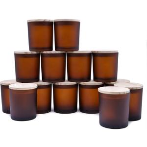 8 OZ Thick Candle Jars for Making Candles 14 Pcs, Empty Amber Jars with Wood Lids for Candle Making, Sample Container, Frosted Brown