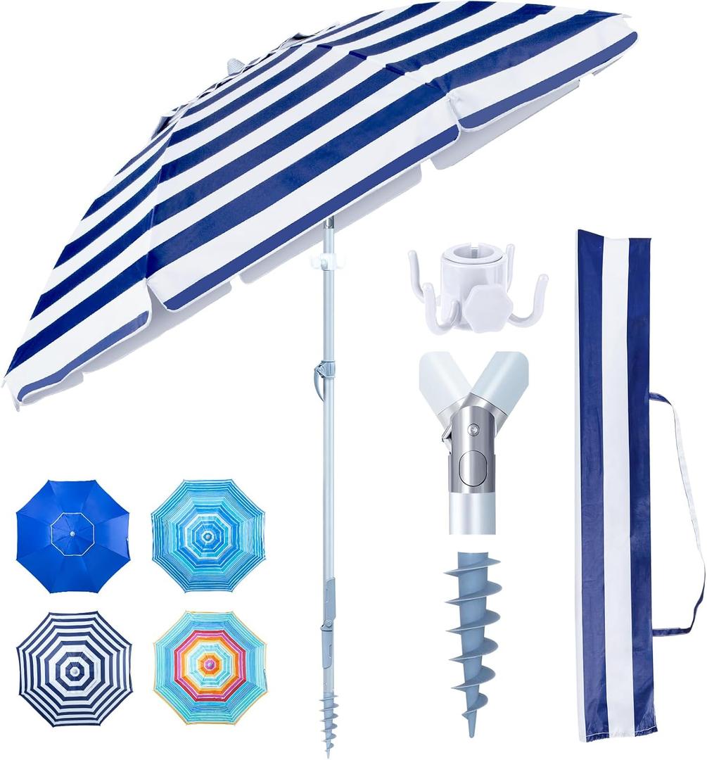 Tempera Heavy Duty High Wind Beach Umbrella with Sand Anchor & Carry Bag | Patio Outdoor Umbrella with Aluminum Frame and Push Button Tilt, Ideal for Travel Garden Lawn, UPF 60+