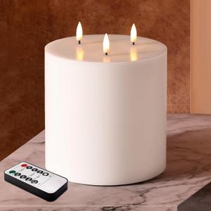 White 3 Wick Flameless Candle with Remote, 6x6 inch Giant LED Pillar Candle, Battery Operated Real Wax Flickering