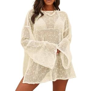 Lilosy Sexy Crochet Sheer Kaftan Caftan Beach Dress Bathing Suit Swim Coverup One Piece Women Knit See Through Swimsuit Bikini Swimwear Cover up Beige Large