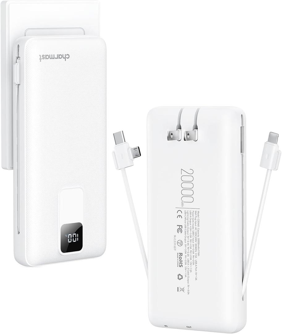 Charmast Portable Charger with Built-in Cables and Wall Plug, 20000mAh 20W USB C Power Bank Fast Charging Battery Pack Compatible with iPhone iPhone 16/15/14/13 Series, Samsung Google iPad etc (White)