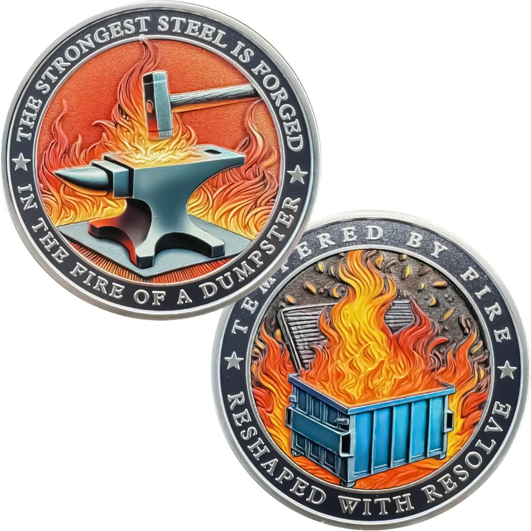 4 x Dumpster Fire Challenge Coin - Funny Desk Accessories for Work - Emotional Support Pocket Token Gift - Hilarious Coin Office Gift - Employee Appreciation Medal (Classic-1Pcs) (Silver-color-01)