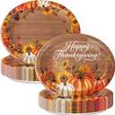 Thanksgiving Paper Plates 30 PCS Large 9" x 11" Watercolor Pumpkin Woodgrain Disposable Oval Plates for Thanksgiving Autumn Harvest Table Decor