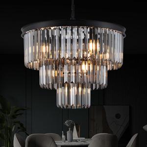 Smoke Gray Crystal Chandeliers 7 Lights 20" Black Round Chandelier | Modern 3 Tiers Ceiling Pendant Light Fixture,Luxury K9 Crystal Lighting for Dining Room Bedroom Kitchen Foyer,E12 Bulbs