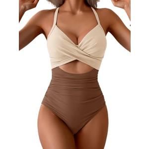 Eomenie Women's One Piece Swimsuits Tummy Control Cutout High Waisted Bathing Suit Wrap Tie Back 1 Piece Swimsuit L