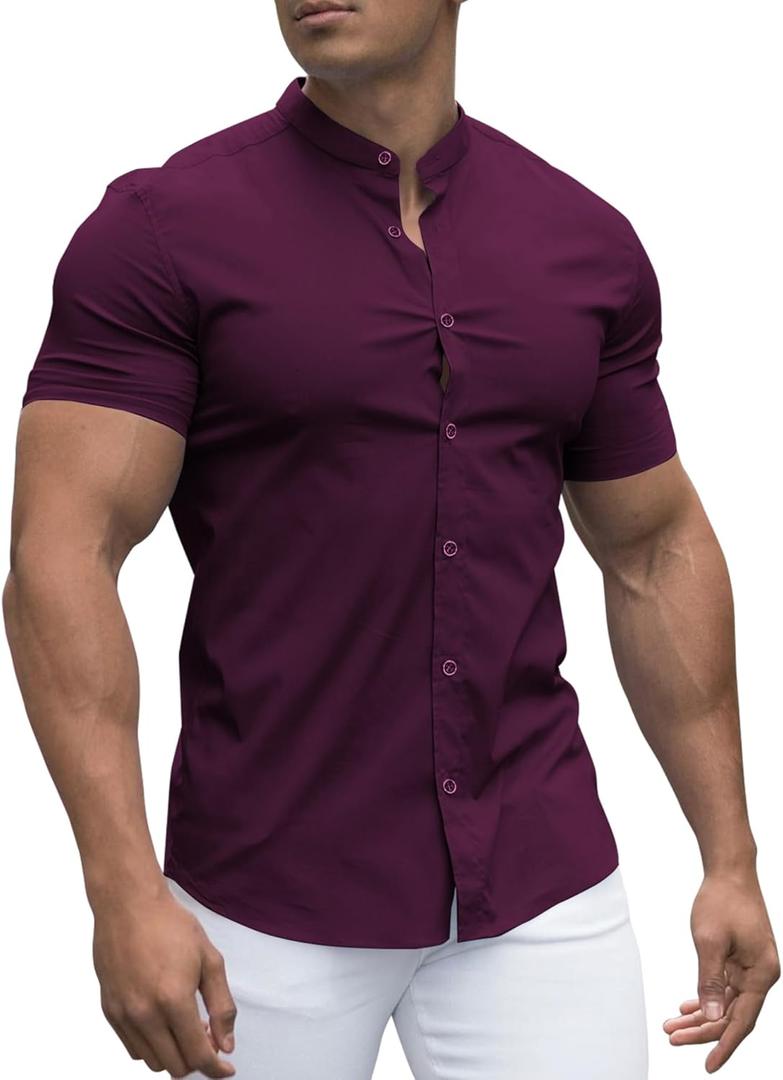 URRU Men's Muscle Dress Shirts Slim Fit Stretch Banded Collar Long&Short Sleeve Casual Button Down Shirt (X-Large)