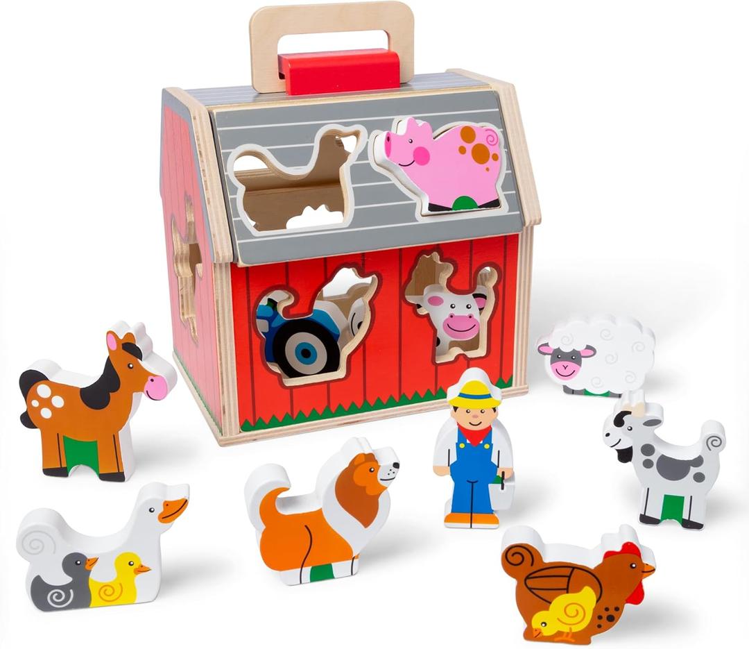 Melissa & Doug Take-Along Wooden Toy Barn, 11-Pc Portable Toddler Playset with Farm Animals & Pop-Up Roof, Preschool Learning Toys for Girls & Boys 2+