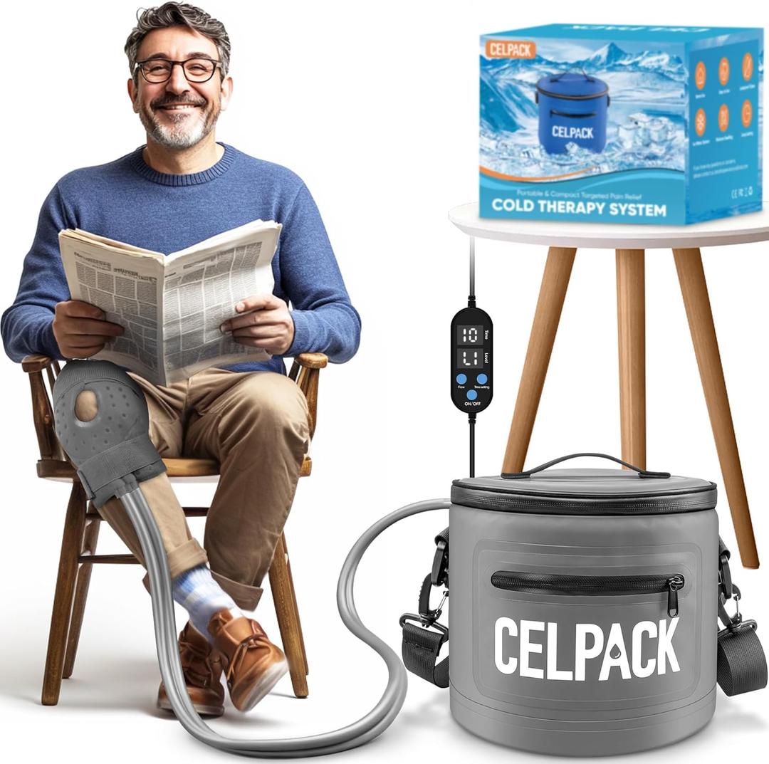 Celpack Portable Ice Therapy Machine for Post-Operative Recovery, Sports Injuries, Knee Pain, Sprains, Swelling,Full Knee Brace with Silent Pump, Timer Remote Control Cold Therapy Device, Grey (Gray)