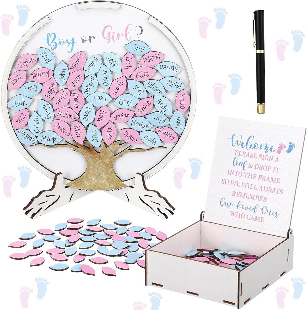 AceOrbit 63 Pcs Gender Reveal Guest Book Boy or Girl Guest Voting Book Alternatives Set Gender Reveal Decorations Gifts Ideas with 60 Wood Slices for Baby Shower Voting Games Party Supplies(Tree)