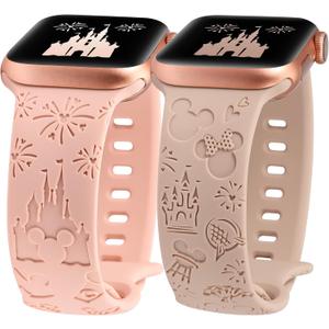 2 Packs Cartoon Engraved Band Compatible with Apple Watch Band 49/46/45/44/42mm(Series 3 2 1) Women, Cute Designer Soft Silicone Strap for iWatch Series 11 10 9 8 7 6 5 4 3 SE/Ultra 3 2 1 (Pink & Milk Tea)