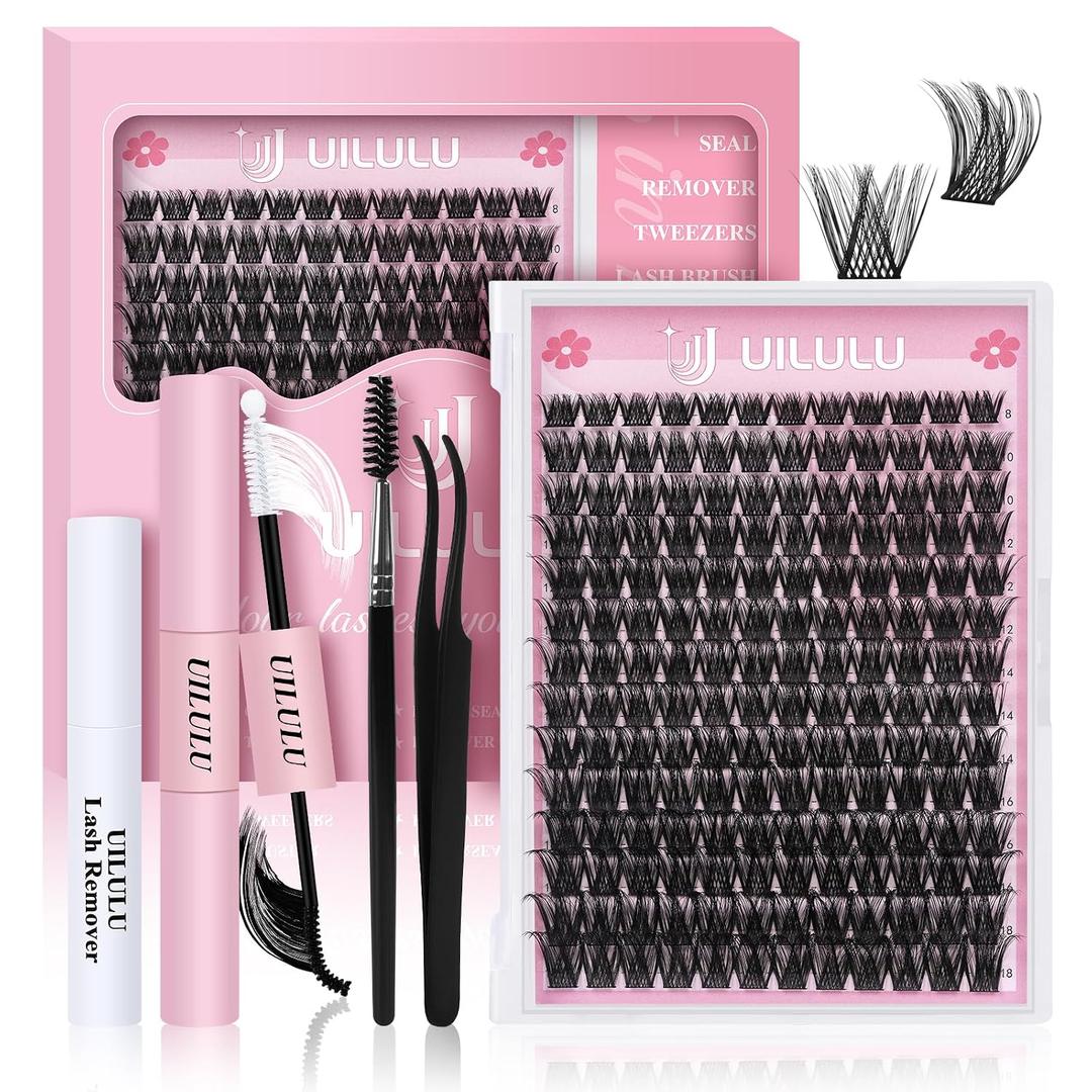 Uilulu Lash Clusters Kit for DIY Lash Extension at Home, False Eyelashes Set with Bond Seal, Lash Remover, Brush, Tweezers, D Curl Wispy Individual Clusters Eye Lash Extensions (U04 Kit)