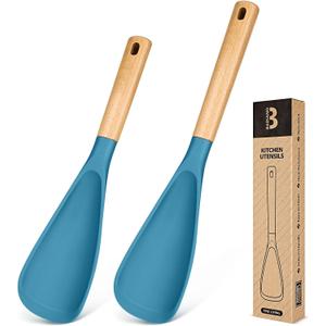 Multifunction Spoon for Nonstick Cookwares, Great for Cooking and Serving, Sturdy BPA-Free Matte Silicone, Wood Handle spoonula for Mixing, Scoop, and Scrape, Turquoise(2 pack,11.4" & 13.4")