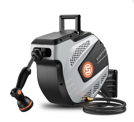 SUNPOW Retractable Garden Hose Reel - 1/2 inch x 50ft Wall Mounted Hose Reel with 3/4 inch Brass Fitting & 10 Function Sprayer Nozzle - Any Length Lock, Auto Rewind System, 180°Swivel Bracket - Grey