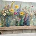 1Pcs Framed Rustic Farmhouse Floral Canvas Wall Art Enchanting Wildflowers Poster Print Vintage colored glass bottle picture printing Wooden Background Wall Decor for Bathroom Living Room decoration, 16"L x 24"W