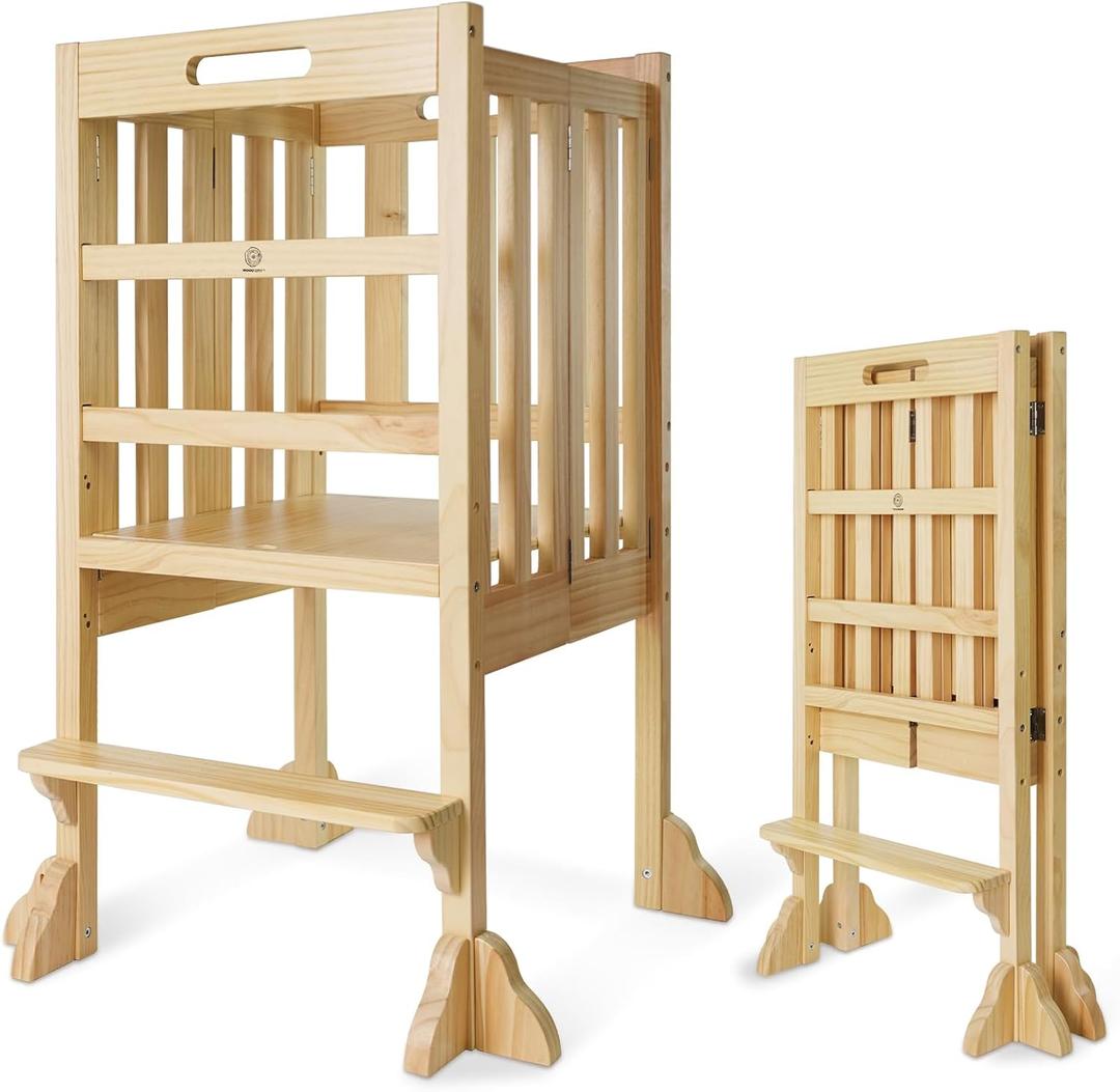 Foldable Toddler Learning Standing Tower, WOOD CITY Montessori Kitchen Step Stool Ideal Helper with 3 Adjustable Heights for Learning New Skills (Natural)