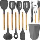 Silicone Cooking Utensils Set 11PCS - BPA-Free&Non-Toxic 446F Heat Resistant,Wooden Handle Kitchen Tools for Nonstick Cookware,Heat Resistant&Scratch-Proof Includes Spatula/Turner/Ladle(Gray)