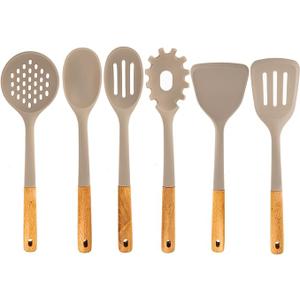 6pc Beech Wood and Silicone Kitchen Utensils Set Cooking Baking Supplies Home Essentials, Light Grey
