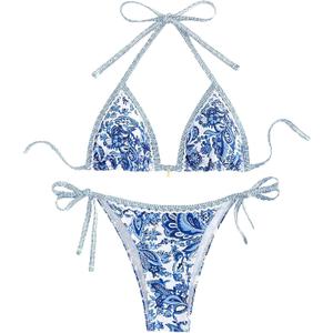 WDIRARA Women's 2 Piece Boho Swimsuits Floral Print Halter String Triangle Bikini Set Beach Bathing Suit (Blue White, Large Plus)