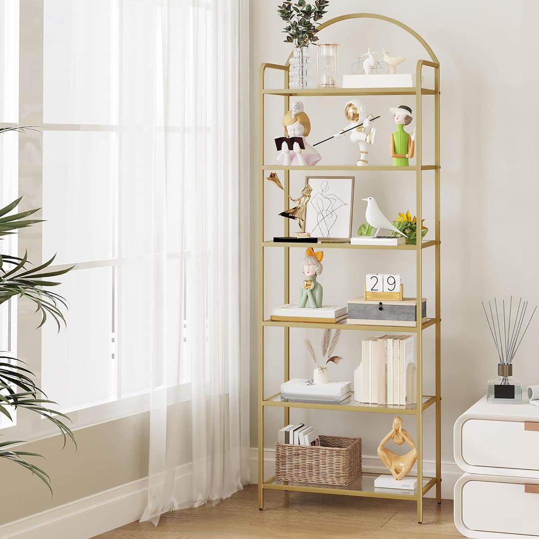 Hzuaneri Bookcase Bookshelf, Tempered Glass Bookshelves, Slim Shelving Unit for Bedroom, Bathroom, Home Office, Steel Frame, 6 Tier Gold BC21699G, 11.8"D x 23.6"W x 71"H