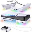 Auarte RGB Horizontal Stand for PS5 Pro / Slim Console Accessories with 14 Light Mode and 4 USB Hubs, Side Stand for Playstation 5 Pro Slim Disc & Digital, Base Holder with Controller Charging, White