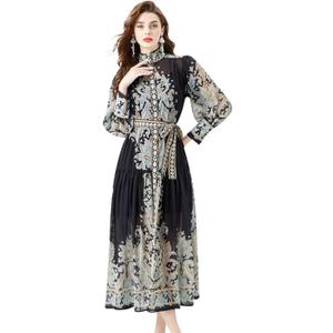 LAI MENG FIVE CATS Women Floral Print Button Up Casual Split Flowy Maxi Party Dress with Belt L