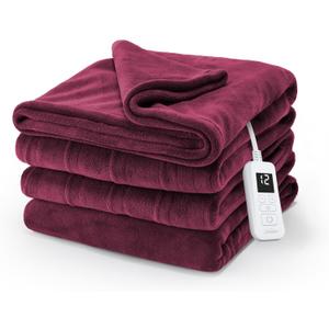Sunbeam Electric Royal Luxe Microplush Heated Blanket, 12 Heat Settings, 12-Hour Selectable Auto Shut-Off, Fast Heating, Warm and Cozy, Cabernet Color, Full, 84" x 72"