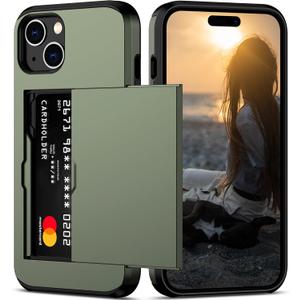 Nvollnoe Compatible with iPhone 15 Case with Card Holder Heavy Duty Protective Dual Layer Shockproof Hidden Card Slot Slim Wallet Phone Cover for Women&Men 6.1 inch(Green)