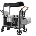 Wagon Stroller for 2 Kids, Foldable All-Terrain Wagon for Kids with Canopy, Adjustable Push and Pull Handles,Convertible High Seat & Organizer, 5 Point Harness (Gray)