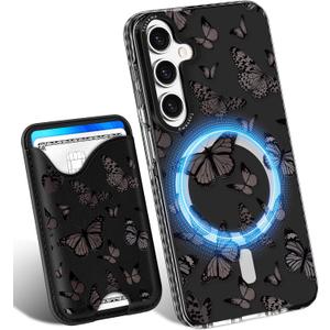 Toycamp for Samsung Galaxy A15 5G Case - Compatible with Magsafe Credit Card Holder Wallet Magnetic Cute Women Teen Girls Kawaii Girly Unique Black Butterfly Design Phone Cover for Galaxy A15 5G