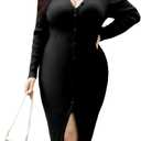 Plus Size Knit Dresses for Women Fall Long Sleeve V Neck Button Ribbed Midi Sweater Dress (Black, XL)
