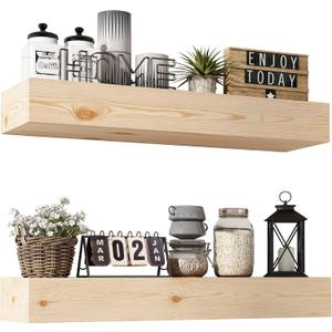 Wall Floating Shelves, Rustic Wood Shelf for Wall Mounted - Wooden Handmade Shelves for Bathroom Kitchen Livingroom - No Stain - DIY(Unfinished, 24 Inch - 2 Pack)