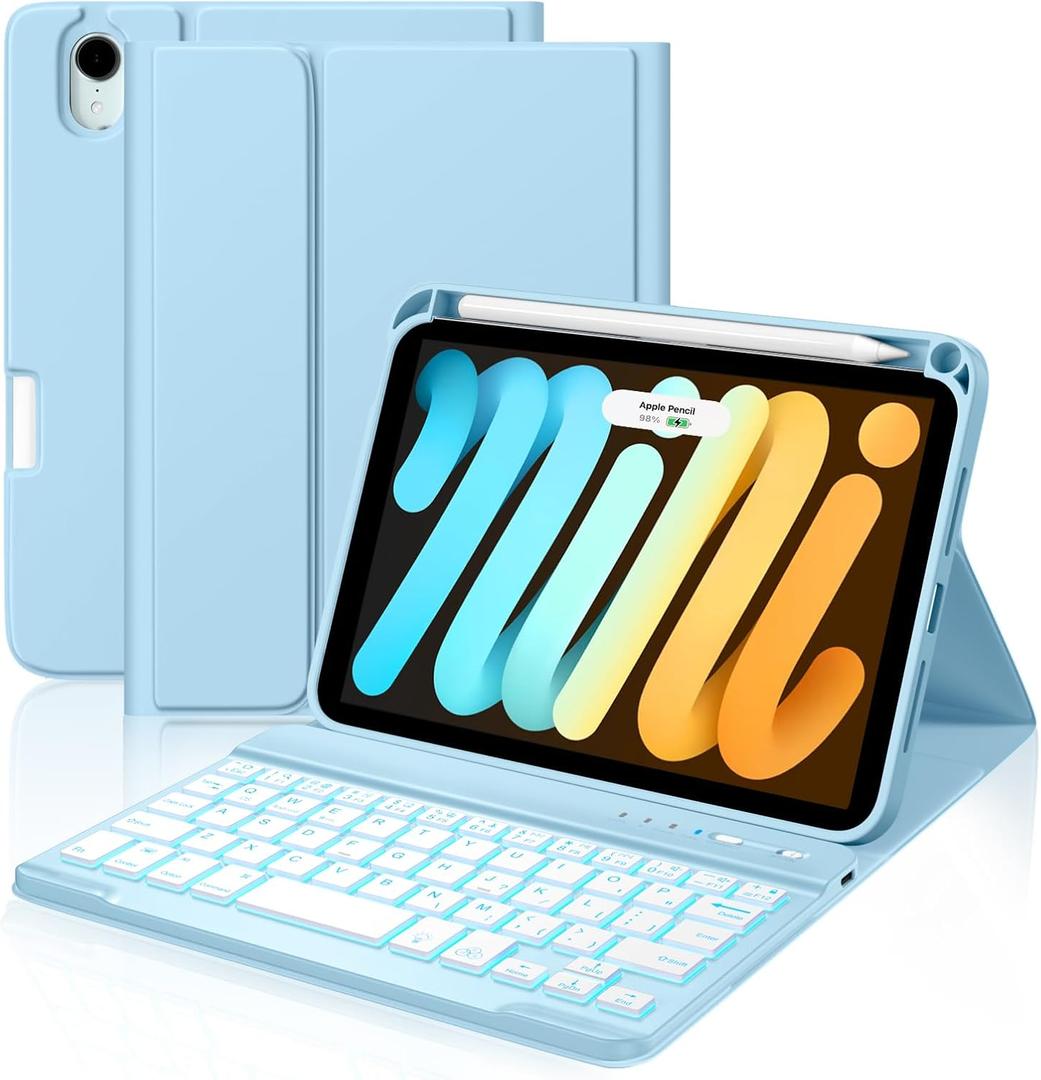 Cousper for iPad mini 7 Keyboard Case A17 Pro 2024/iPad Mini 6 Generation Case with Keyboard 2021 8.3 Inch, Pencil Holder, 7 Color Backlit Detachable Keyboard Cover for iPad mini 7th/6th Gen,Sky Blue