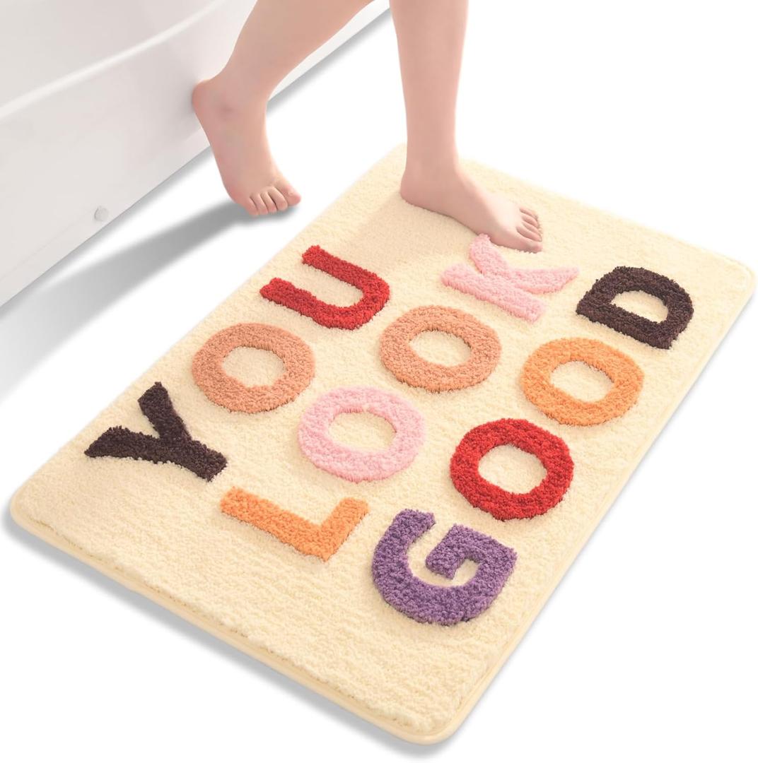 QJHOMO You Look Good Bath Mat Cute Beige Bathroom Rugs Funny Colorful Rug, Non Slip Floor Mat Cool Home Decor, Soft Microfiber Bathmat Machine Washable, Super Absorbent Carpet for Shower (22x32 inch) (1'10" x 2'8" (Rectangular))