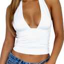 Women Sexy Halter Deep V Neck Backless Crop Tank Top Open Back Sleeveless Slim Fit Y2k Summer Tops M