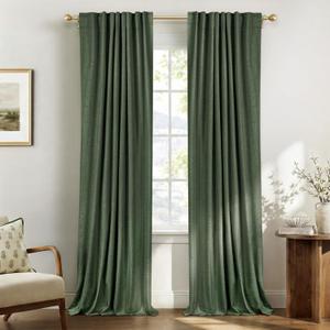 100% Blackout Shield Green Linen Blackout Curtains for Bedroom 102 Inches Long, Back Tab/Rod Pocket Living Room Drapes, Thermal Insulated Blackout Curtains 2 Panels Set, 50" W x 102" L,Loden