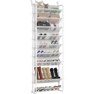 JSB 10 Tier Shoe Rack Mesh Fabric Over The Door Shoe Organizer X-Structure Trouser Hangers Closet Pantry Hanging Shoe Clothes Toys Storage Shelves (Matte White, 10 Tier)