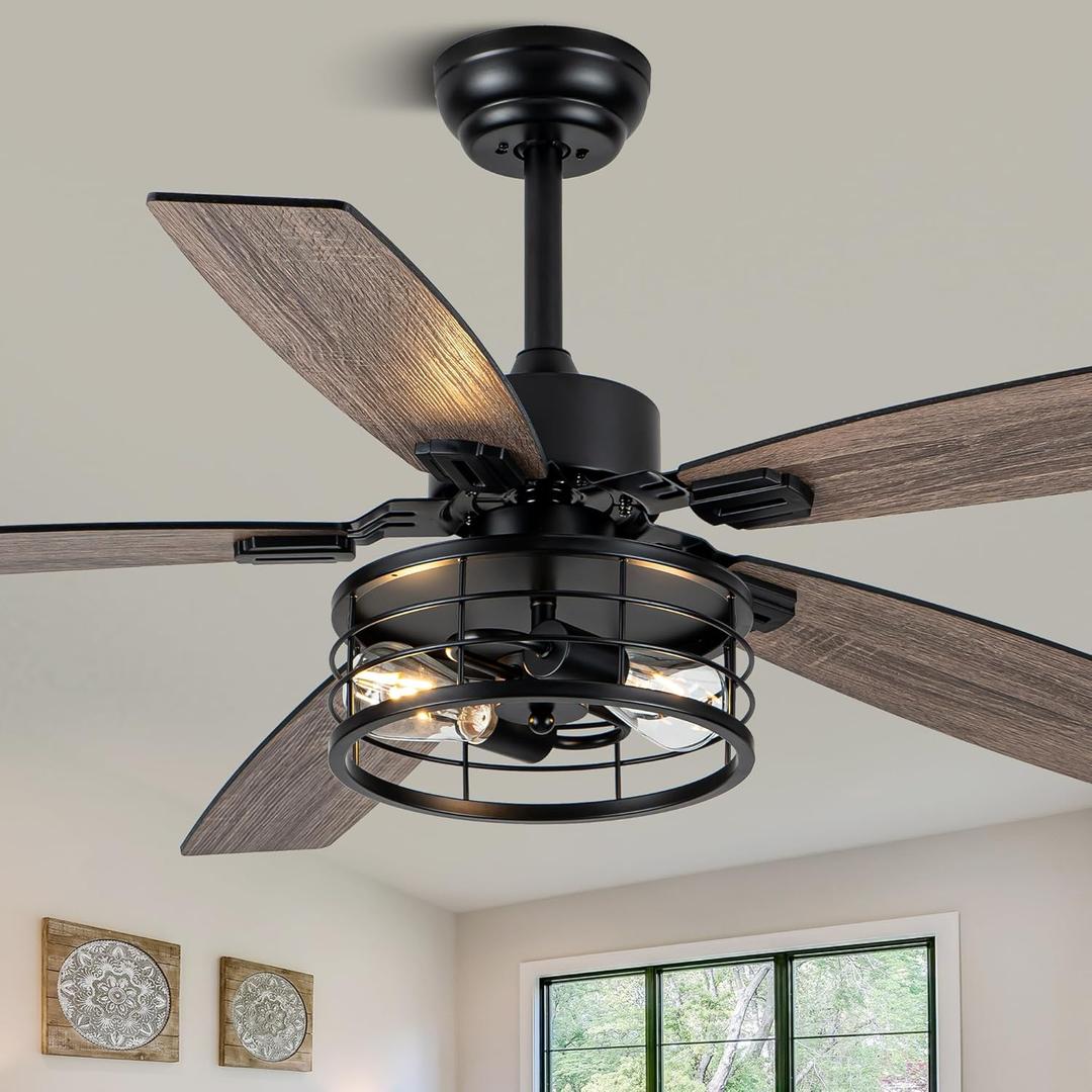 52" Ceiling Fans with Lights, Modern Farmhouse Caged Ceiling Fan with Light and Remote, Reversible Motor, 5 Double Finish Wood Blades, Chandelier Rustic Ceiling Fan for Living Rooms, Bedroom (Black-MD-FS8930) 52" Ceiling Fans with Lights, Modern Farmhouse Caged Ceiling Fan with Light and Remote, Reversible Motor, 5 Double Finish Wood Blades, Chandelier Rustic Ceiling Fan for Living Rooms, Bedroom (Black-MD-FS8930)