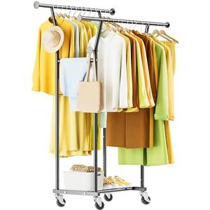 Double Rods Clothes Rack, Rolling Clothing Rack with Wheels, Metal Clothing Racks for Hanging Clothes, Portable Garment Rack Sturdy Closet Rack Trending Coat Rack for Laundry Bedroom Living Room