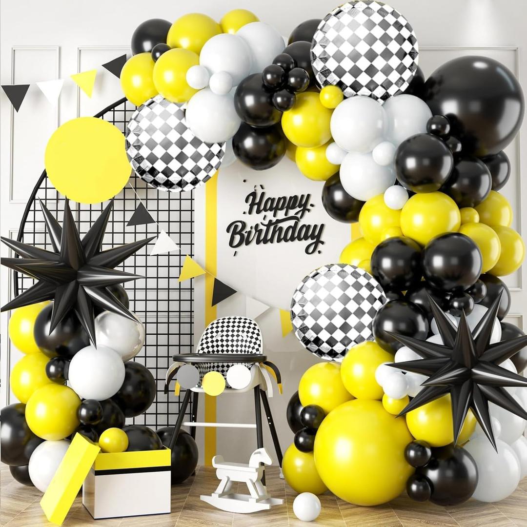 Black White Yellow Balloon Arch Kit,Balloons Garland Kit with Black White Checkered Star Balloons for Boys 1st Birthday Party Decorations