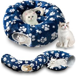 Cat Tunnel for Indoor Cats, Cute Peekaboo Cat Cave with Dangling Balls, Pet Donut Tunnel Bed with Circle Mat for Puppy Kitten Rabbit, Blue Paw (Round)