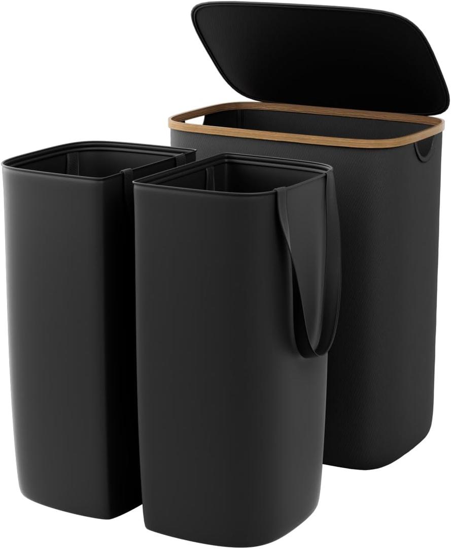 GARPROVM Double Laundry Hamper with Lid 150L Large Laundry Basket with Bamboo Handles Foldable Clothes Hampers with 2 Removable Liner Bags for Laundry for Bedroom Bathroom Dorm Laundry Room, Black, 22.54" x 14.56" x 28.75"