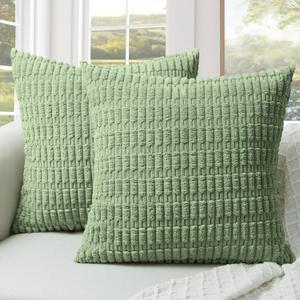 Softalker Throw Pillow Covers 18x18 Inch, Set of 2, Corduroy Soft Striped Farmhouse Boho Pillow Cover, Modern Decorative Cushion Pillow Case for Couch Sofa Bedroom Living Room(Sage Green)