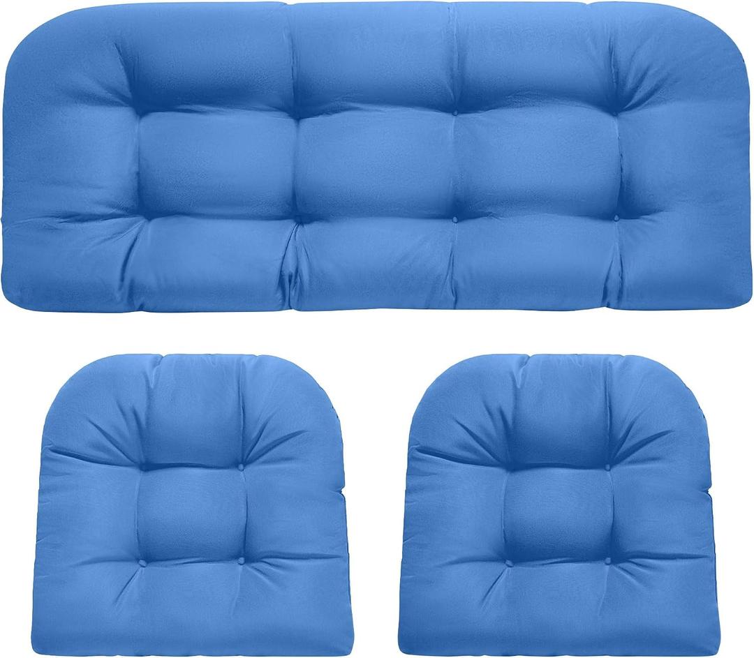 DANGHOOGY Wicker Chair Cushions, Waterproof Outdoor Loveseat Cushions for Patio Furniture, 3 Pieces Wicker Furniture Cushions, 1 Loveseat and 2 U-Shaped Cushions, Blue