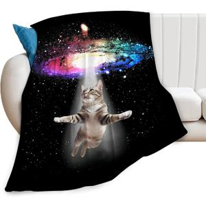 Funny Cat Blanket Space Cat Lover Gifts Throw Blankets for Girls Boys Adult Women Men Kids Plush Cozy Flannel Fleece Ultra Soft Fuzzy Nebula Galaxy Kitten Party Blanket 50"X40"